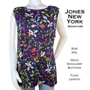 Jones New York Signature Sleeveless Top Shell 2X Navy Floral Pink Green Vibrant